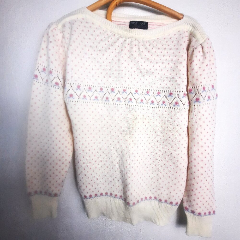 Vintage Knitivo II Knit Sweater, White with Pink flowers, Medium, Granny Cottage